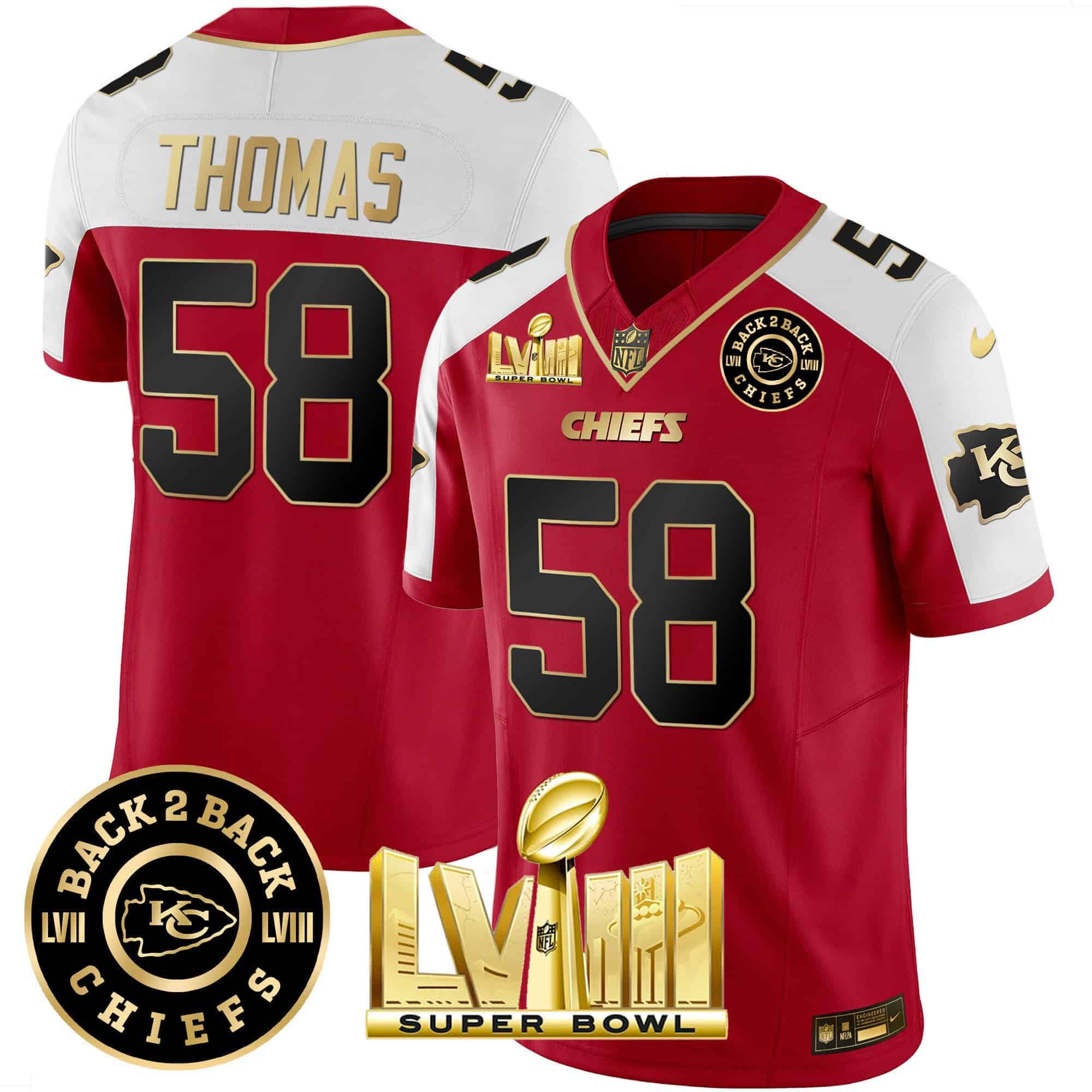Men Kansas City Chiefs 58 Thomas Red 2024 Nike Super Bowl LVIII & Back 2 Back Patch Vapor NFL Jersey